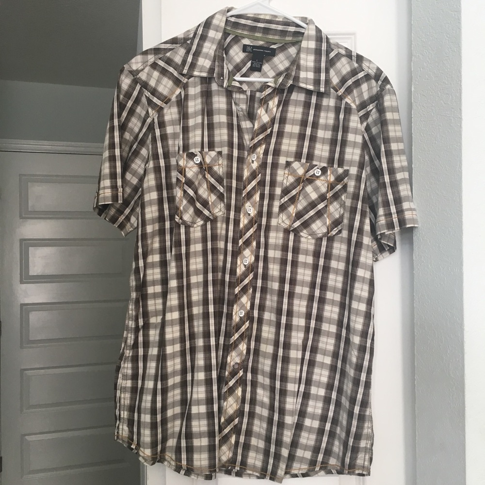 INC Men’s plaid shirt sleeve top EUC
